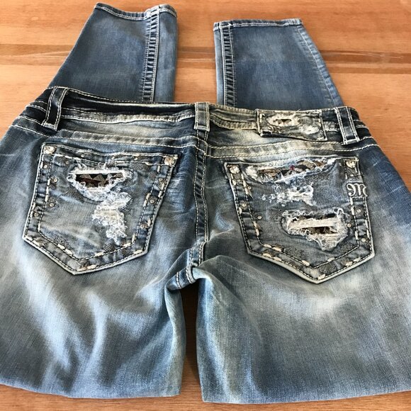 Miss Me Easy Ankle Skinny Jeans Women 31 Blue Mid Rise Rhinestone Distressed - Picture 1 of 15